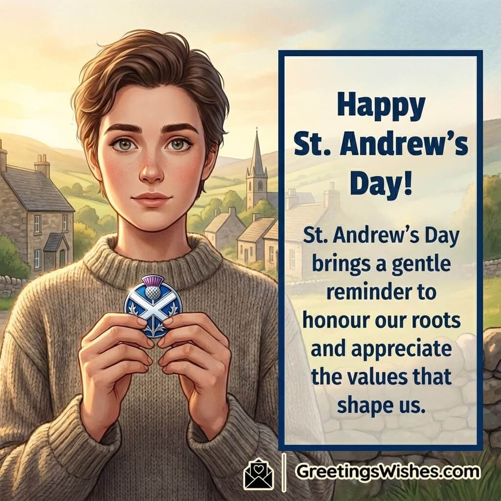 St Andrews Day image featuring a thoughtful person holding a Scottish emblem with a peaceful village landscape behind them, symbolizing roots, values, and heartfelt gratitude.
