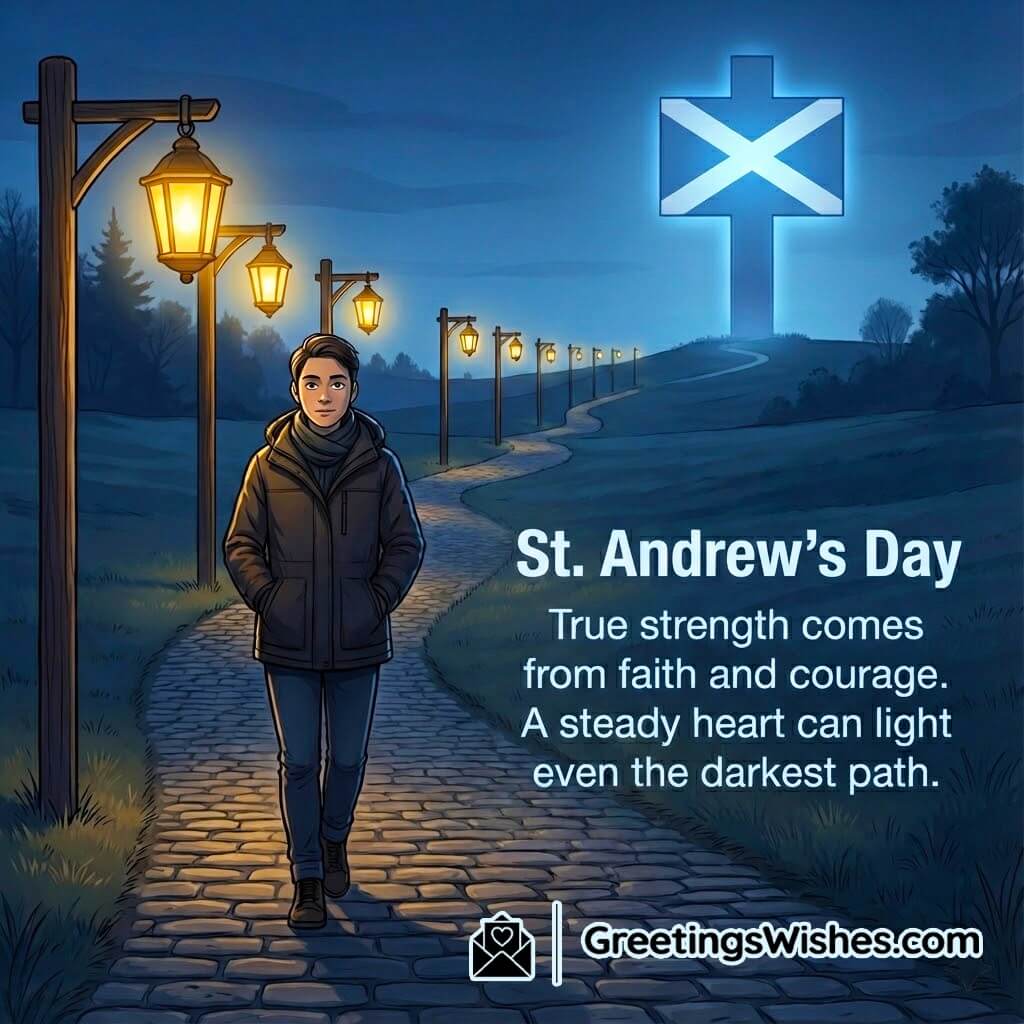St Andrews Day image featuring a person walking along a lantern-lit path with a glowing Scottish cross in the distance, symbolizing courage, faith, and inner strength.