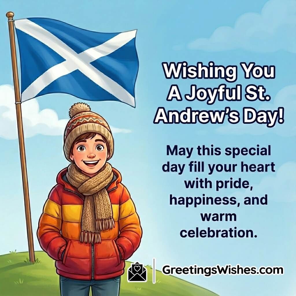 St Andrews Day image featuring a smiling person standing beside a Scottish flag on a sunny hill with bright blue sky, symbolizing joy, pride, and warm celebration.