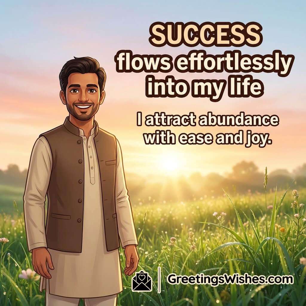 Success affirmation image with confident person and natural sunrise field symbolizing smooth progress.