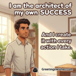 Success architect affirmation image with confident person in natural room symbolizing purposeful action.