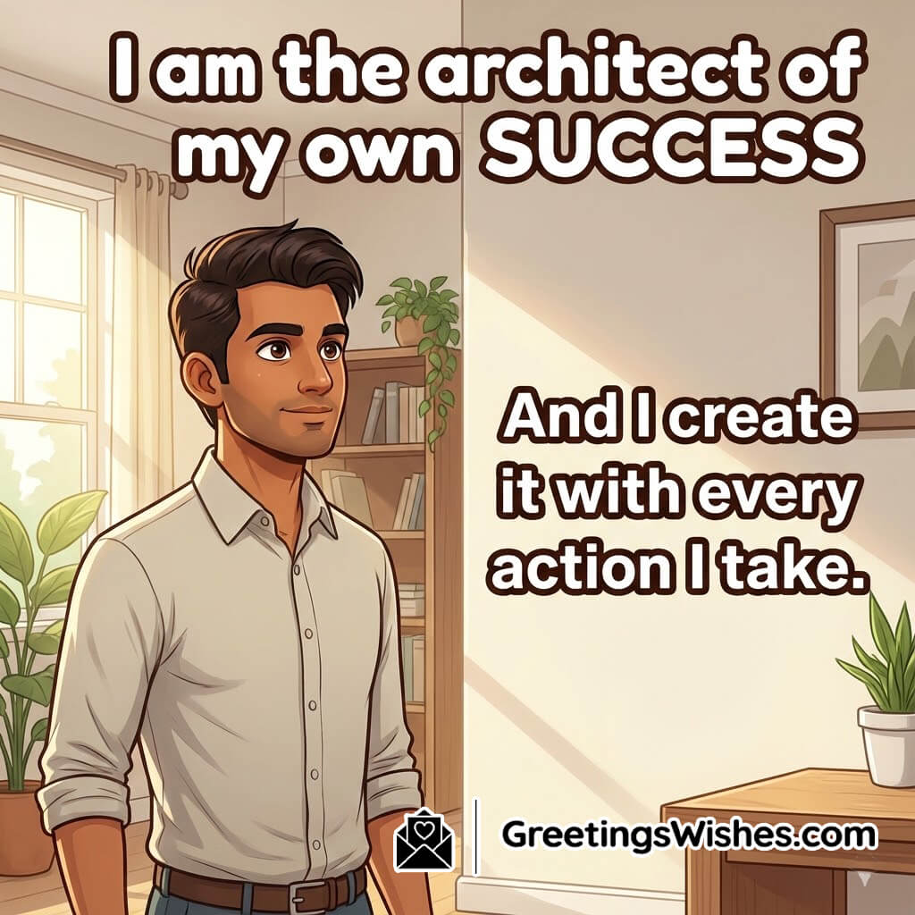 Success architect affirmation image with confident person in natural room symbolizing purposeful action.