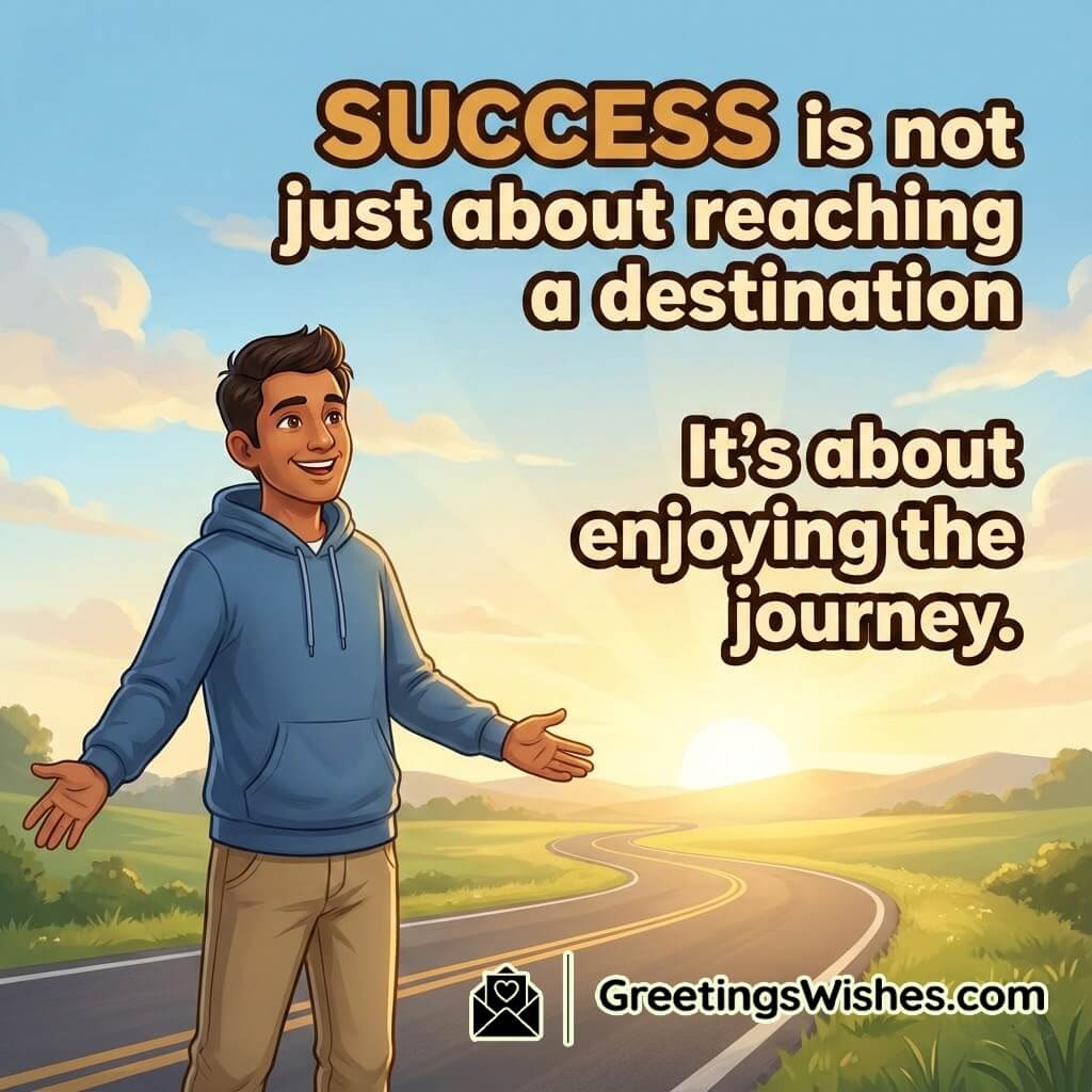 Success journey affirmation image featuring a cheerful person on the left and a natural sunrise road on the right symbolizing growth, positivity, and enjoying the journey.