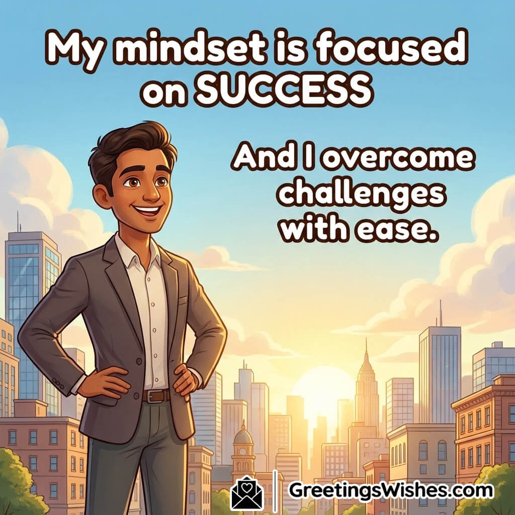 Success mindset affirmation image with sunrise city symbolizing clarity and strength.