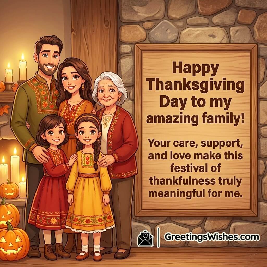 Thanksgiving image featuring a loving family standing close together with festive décor, symbolizing care, support, and meaningful thankfulness.