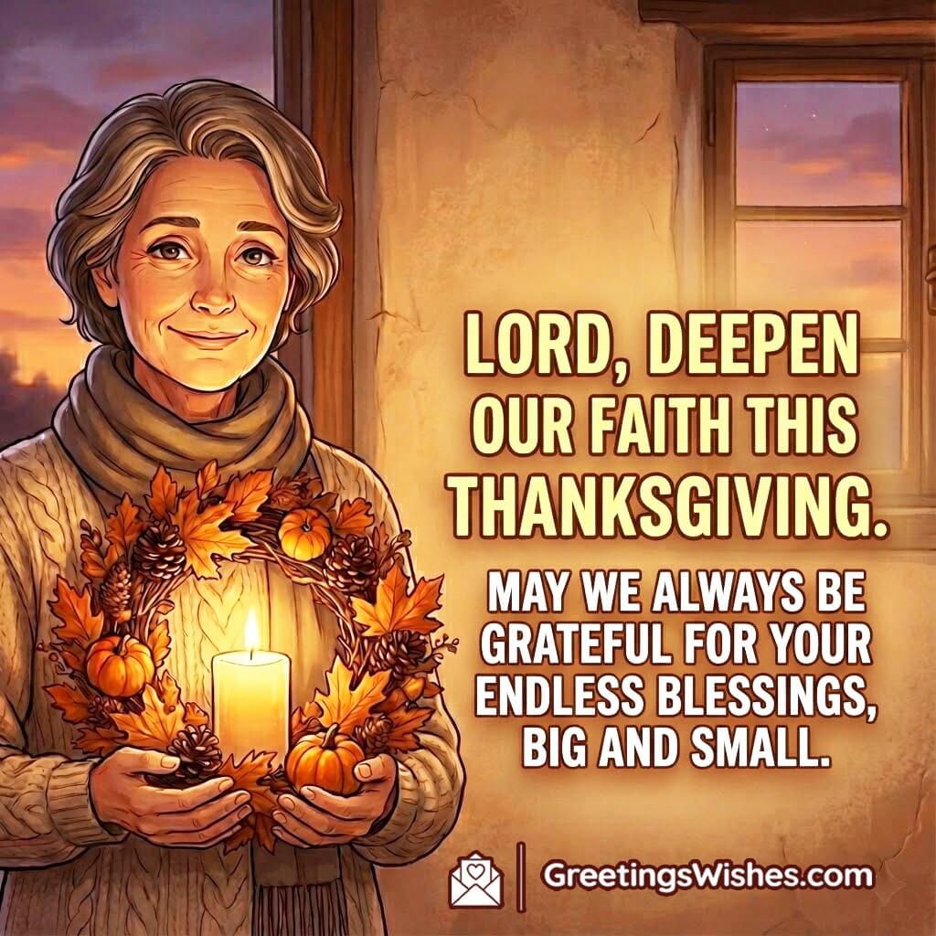 Thanksgiving image featuring a woman holding a candle or autumn wreath in soft warm light, symbolizing deeper faith and awareness of visible and unseen blessings.