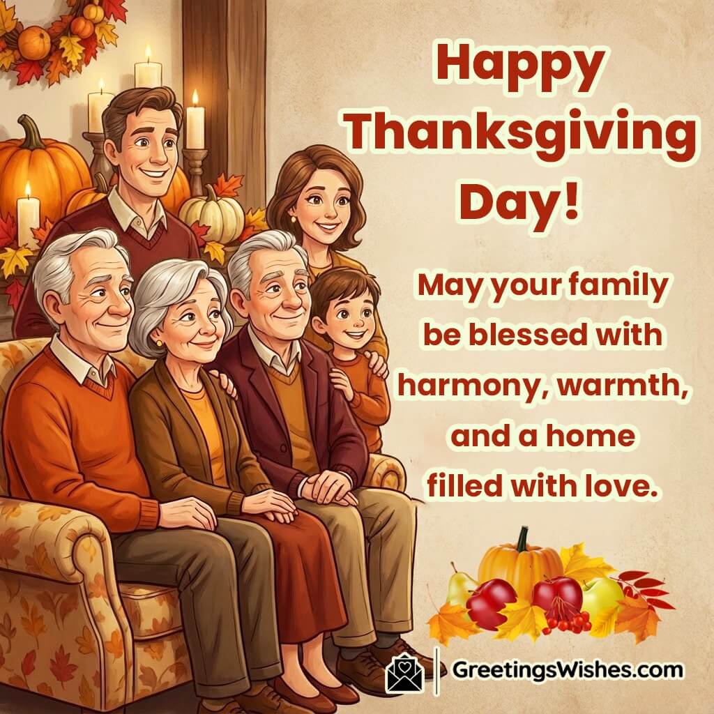 Thanksgiving image featuring a family standing near a festive autumn table decorated with pumpkins and candles, symbolizing harmony, warmth, and togetherness.