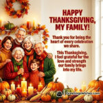 Thanksgiving image featuring a warm smiling family sitting together in a festive living room with pumpkins and candles, symbolizing gratitude, unity, and heartfelt togetherness.
