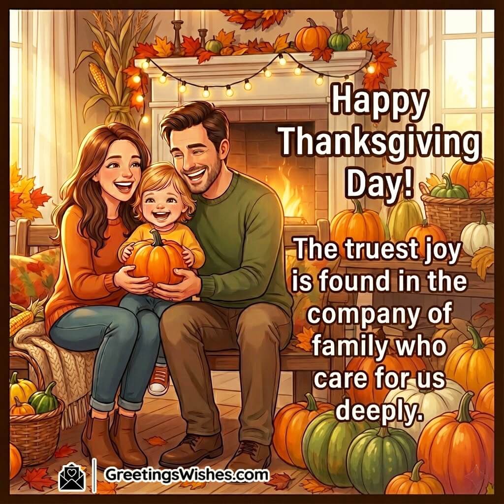 Thanksgiving Day image featuring a joyful family holding a small pumpkin and sharing warm smiles, symbolizing love, care, and true joy in togetherness.