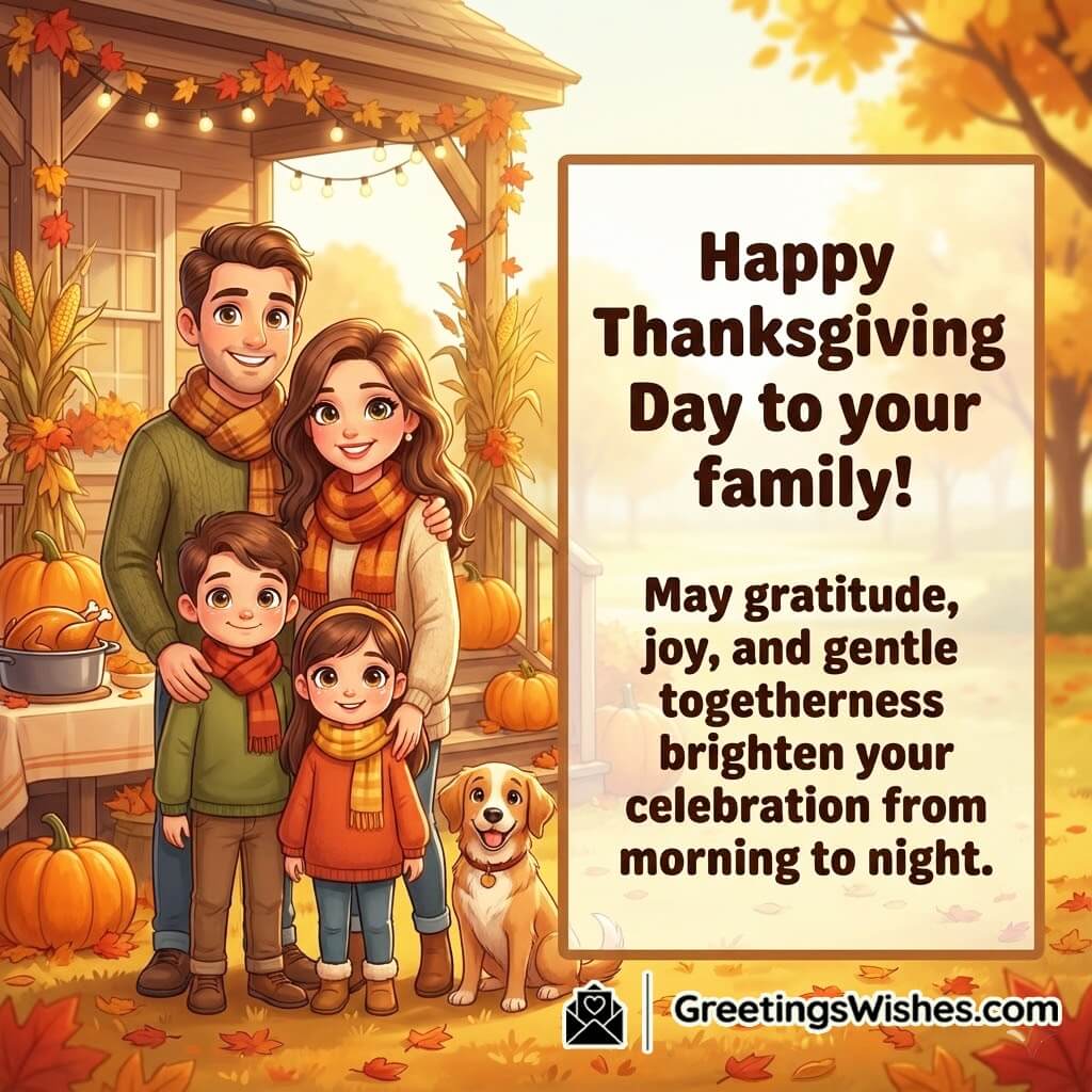 Thanksgiving image featuring a family standing happily near autumn decorations, symbolizing gratitude, joy, and warm family celebration.
