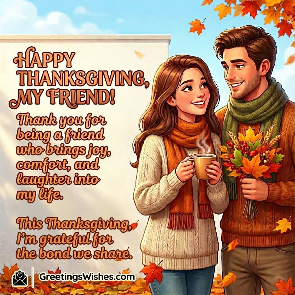 Thanksgiving image featuring two friends smiling while sharing warm drinks with soft autumn décor around them, symbolizing appreciation, joy, comfort, and a cherished bond.