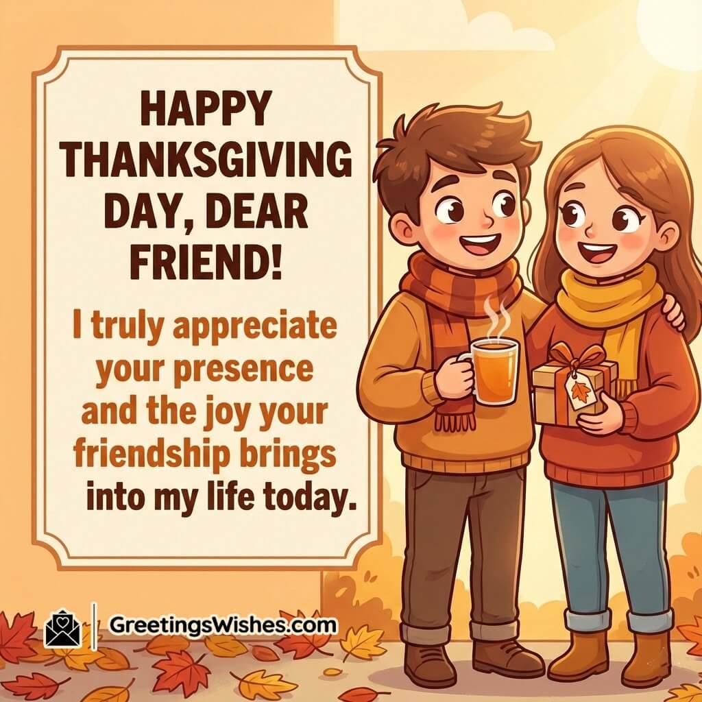 Thanksgiving image featuring two friends sharing warm smiles with soft autumn décor around them, symbolizing appreciation, joy, and cherished friendship.