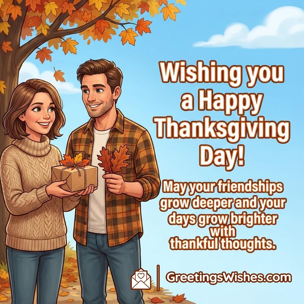 Thanksgiving image featuring two friends exchanging a small gift or autumn leaves, symbolizing deepening friendship and positive thankful thoughts.