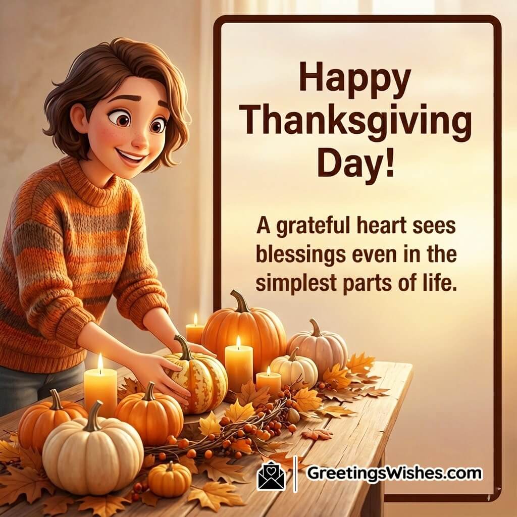 Thanksgiving Day image featuring a person arranging a small table with pumpkins, candles, and autumn leaves, symbolizing gratitude and the beauty of simple blessings.