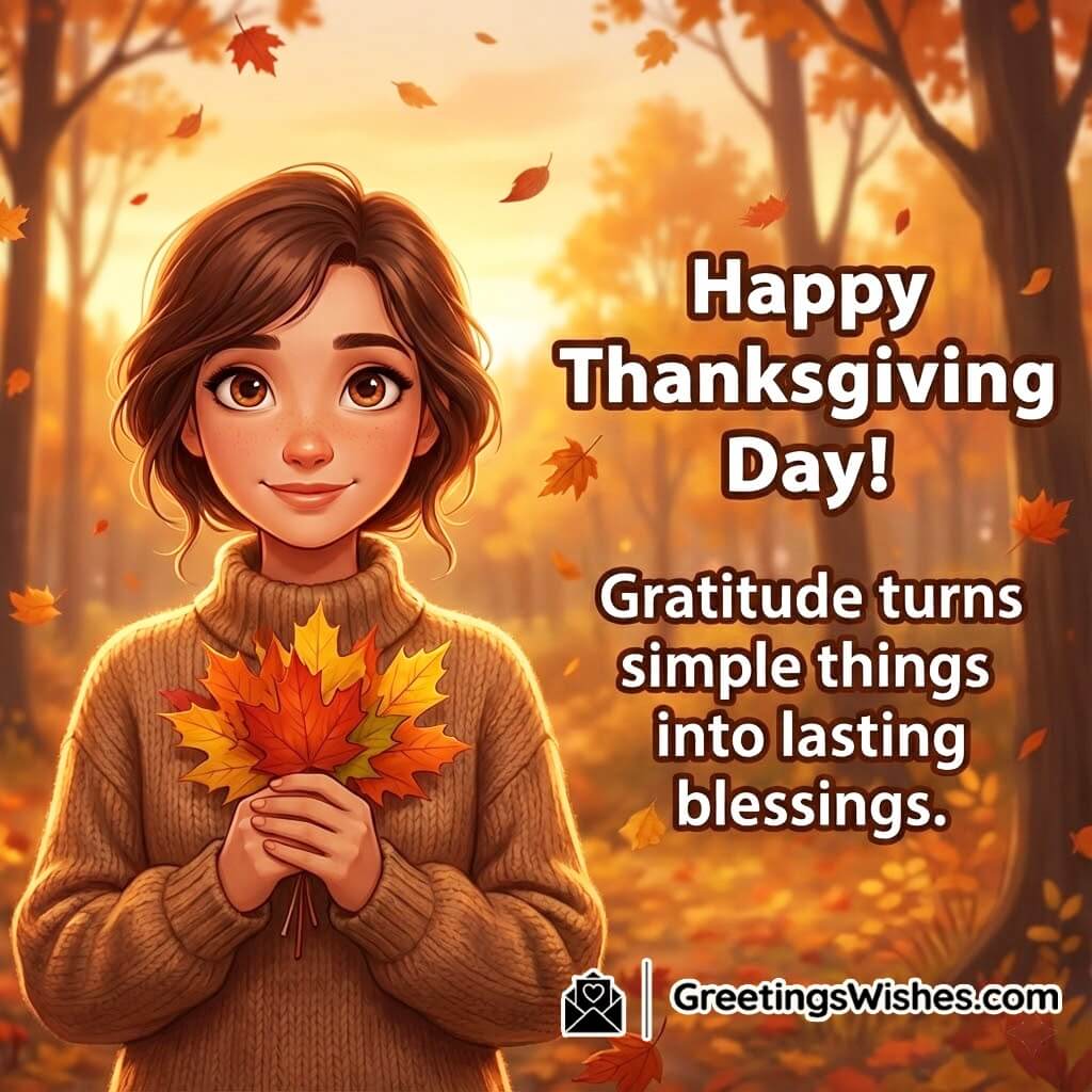 Thanksgiving Day image featuring a person holding autumn leaves close to their heart under soft sunset light, symbolizing gratitude and life’s simple lasting blessings.