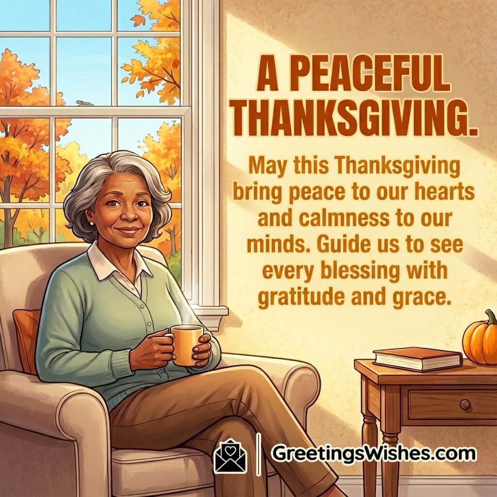 Thanksgiving image featuring a woman sitting peacefully near a window with autumn trees outside, symbolizing inner calm, reflection, and heartfelt gratitude.