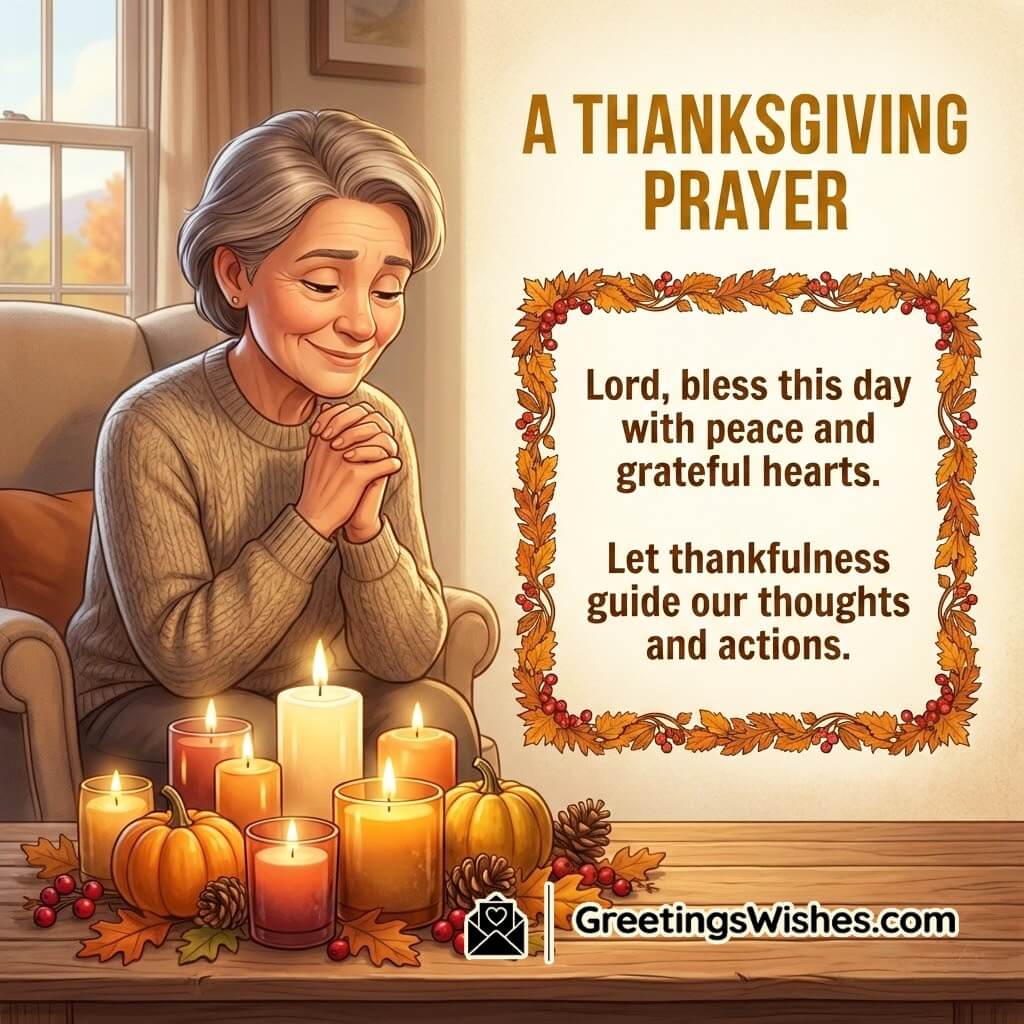 Thanksgiving image featuring a woman praying near softly glowing candles with autumn décor, symbolizing peace, devotion, and grateful thoughtfulness.