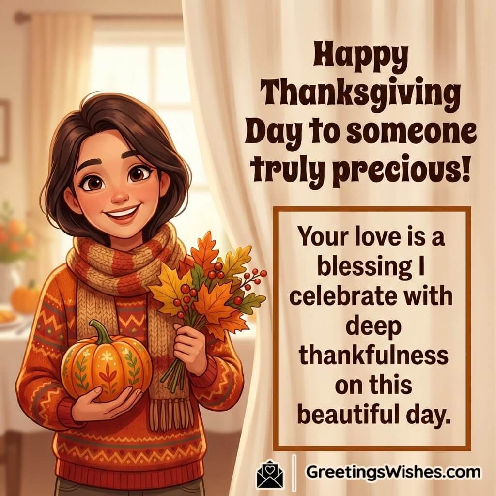 Thanksgiving image featuring a person holding a small festive gift or pumpkin with warm expressive eyes, symbolizing love, gratitude, and heartfelt thankfulness.