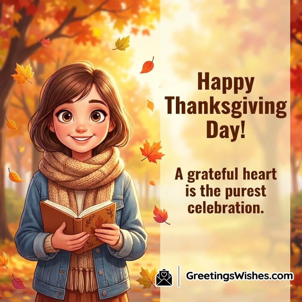Thanksgiving Day image featuring a smiling girl holding a gratitude journal with autumn trees behind her, symbolizing pure celebration through thankfulness.