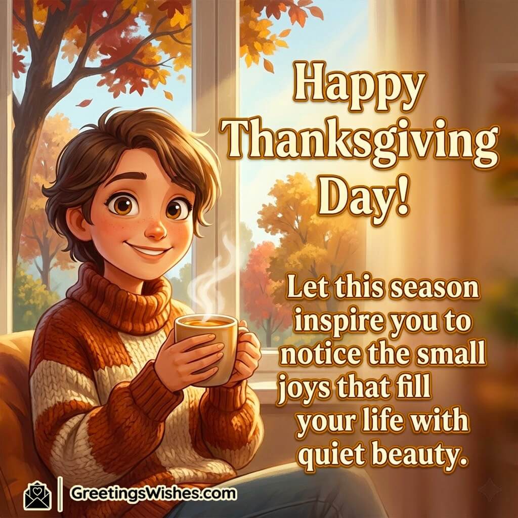 Thanksgiving Day image featuring a person enjoying a warm drink near a window with autumn trees outside, symbolizing small joys, peace, and quiet seasonal beauty.
