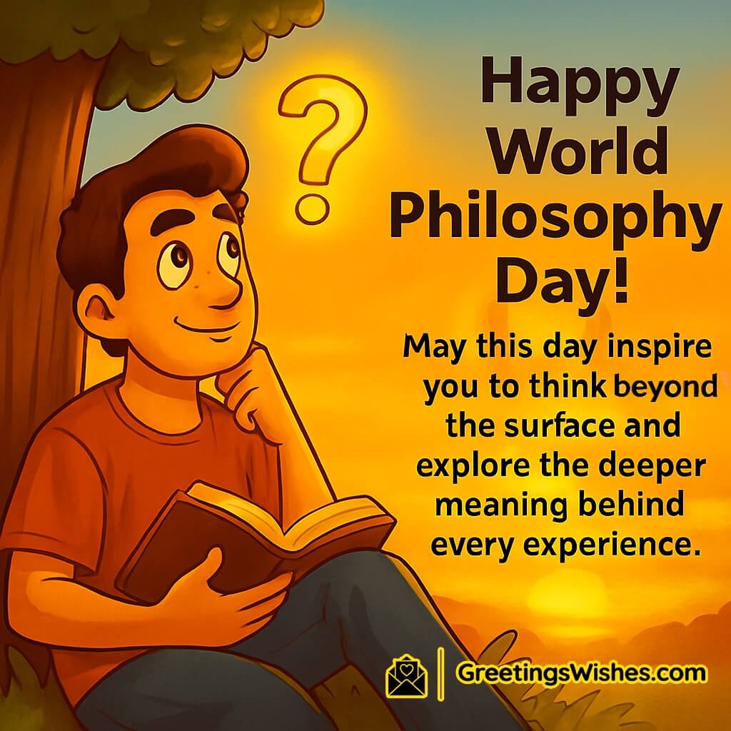 World Philosophy Day image featuring a thoughtful person sitting under a tree with an open book and glowing question mark symbols in the sky, symbolizing deeper thinking and meaningful reflection.