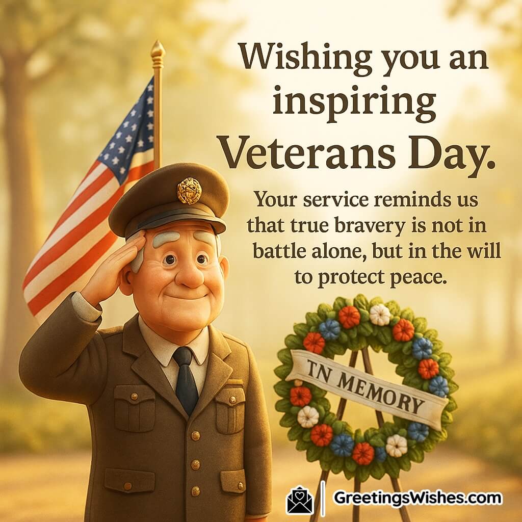 Veterans Day image featuring a veteran saluting the flag beside a memorial wreath under soft morning light, symbolizing bravery, dedication, and peace.