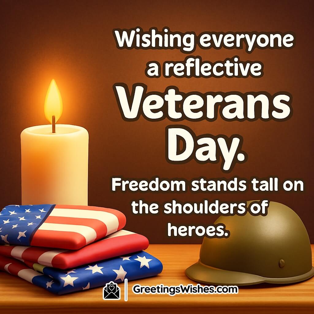 Veterans Day image featuring a glowing candle beside folded flags and a soldier’s helmet, symbolizing remembrance, gratitude, and the spirit of freedom.