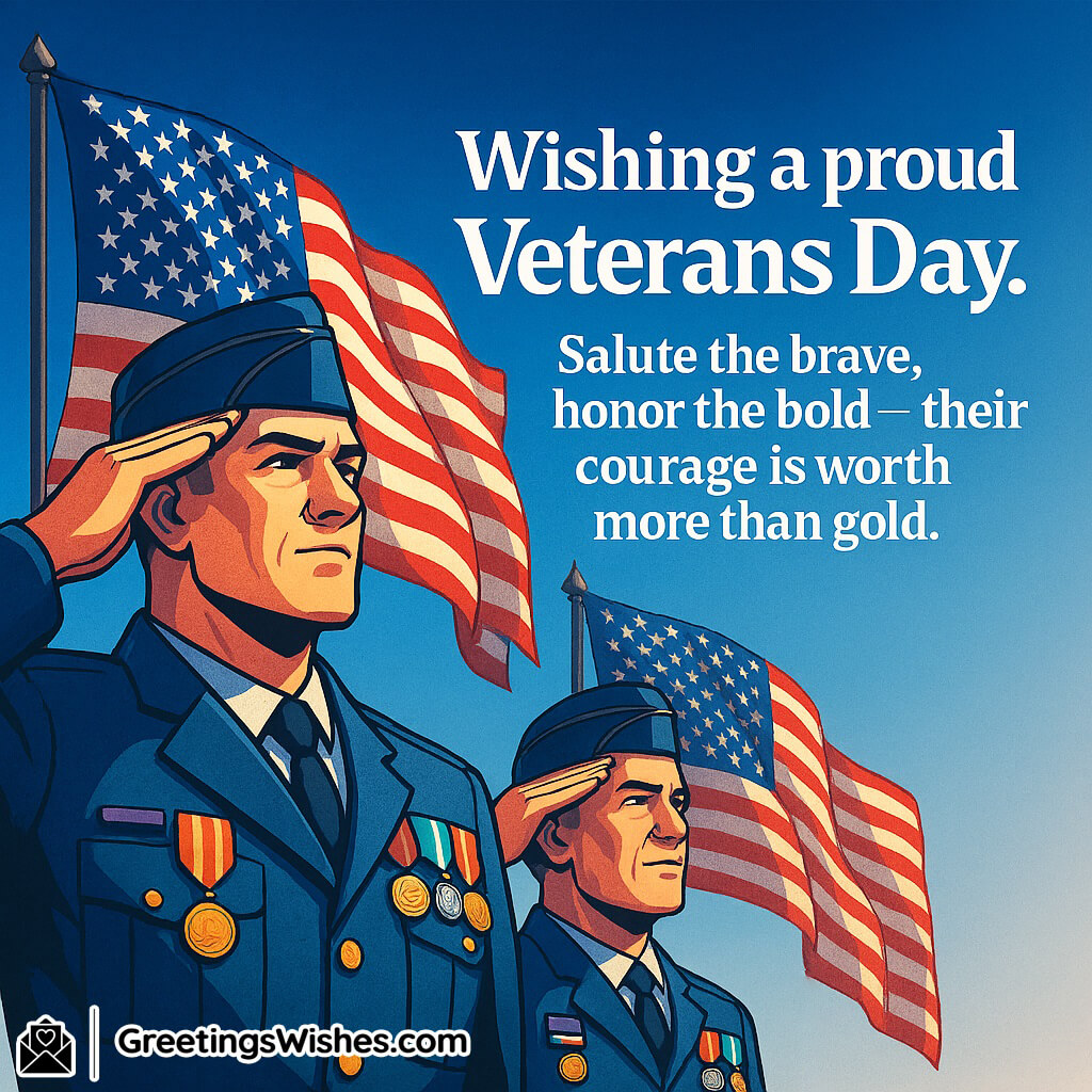 Veterans Day image featuring saluting soldiers with medals glistening in sunlight beside waving flags, symbolizing honor, valor, and national pride.