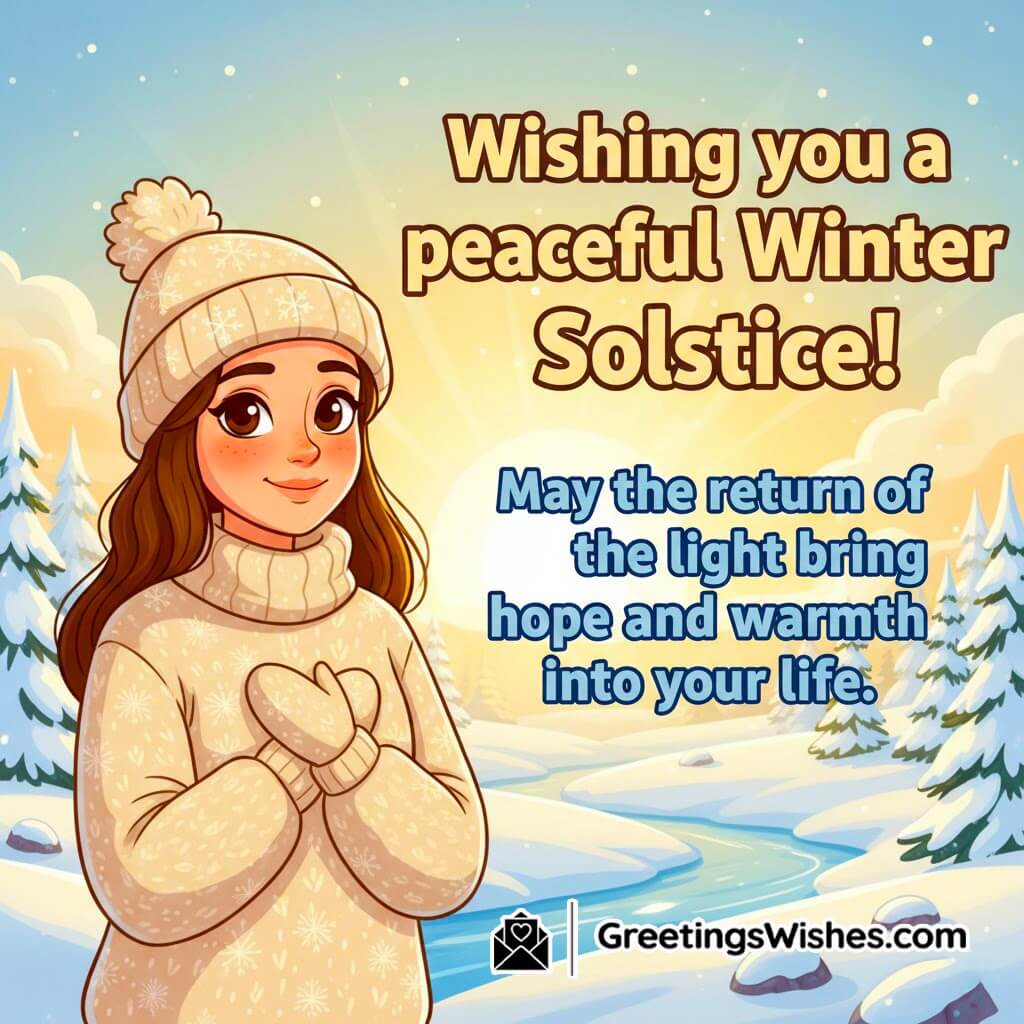 Winter Solstice blessings message image featuring a calm winter ambience with a gentle figure and soft seasonal light, symbolizing renewal, warmth, and hopeful beginnings.