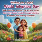 World Adoption Day image featuring smiling parents hugging their adopted child in a sunlit park surrounded by balloons and flowers, symbolizing love, unity, and lifelong happiness.