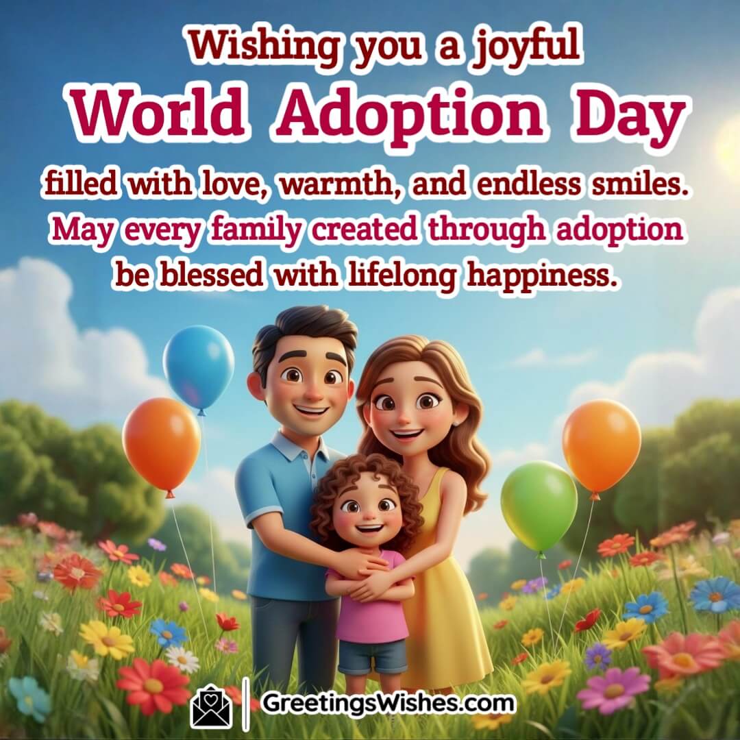 World Adoption Day image featuring smiling parents hugging their adopted child in a sunlit park surrounded by balloons and flowers, symbolizing love, unity, and lifelong happiness.