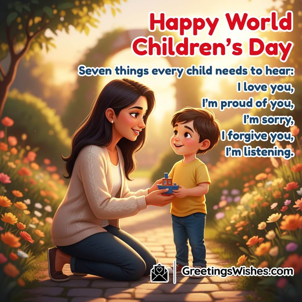 World Children’s Day Greeting featuring a parent kneeling to talk to a child at eye level during sunset, symbolizing love, reassurance, and emotional connection.