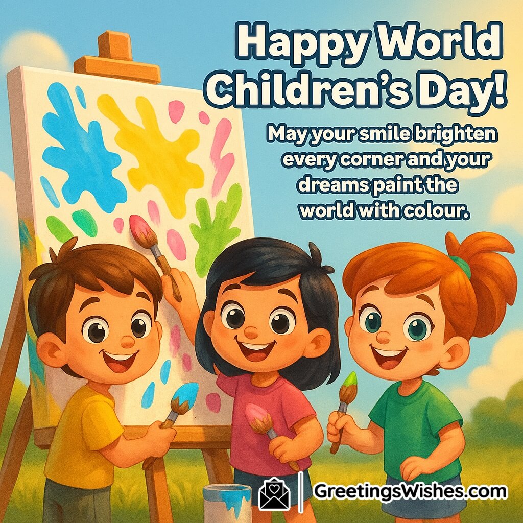 World Children’s Day Greetings featuring happy children painting a large canvas outdoors with bright splashes of colour, symbolizing joy, creativity, and colourful dreams.