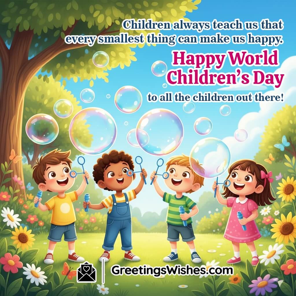World Children’s Day image featuring children blowing bubbles in a garden under a bright sky, symbolizing happiness, simplicity, and playful childhood.