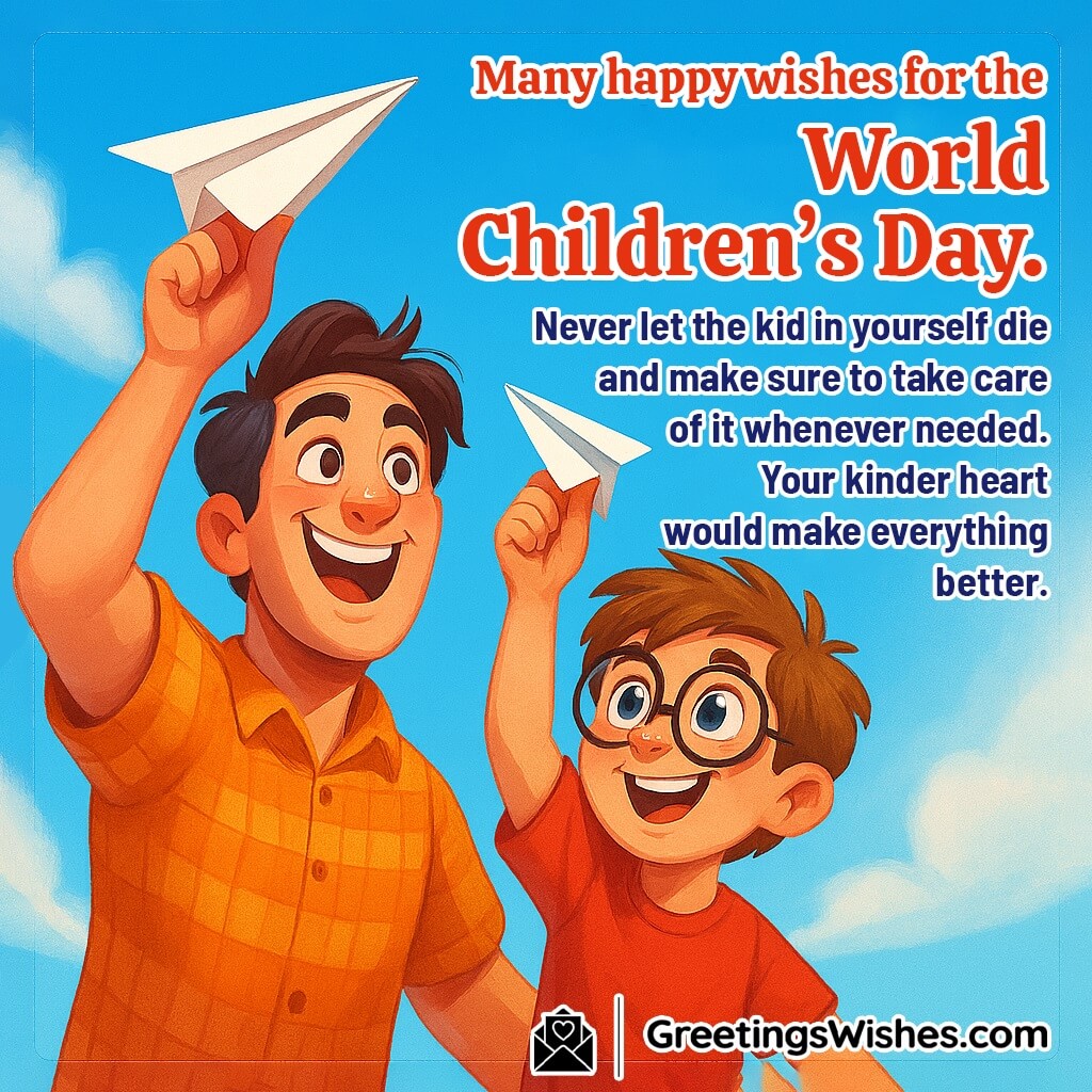 World Children’s Day image featuring an adult and child flying paper airplanes in a bright garden, symbolizing inner joy, innocence, and a kind heart.
