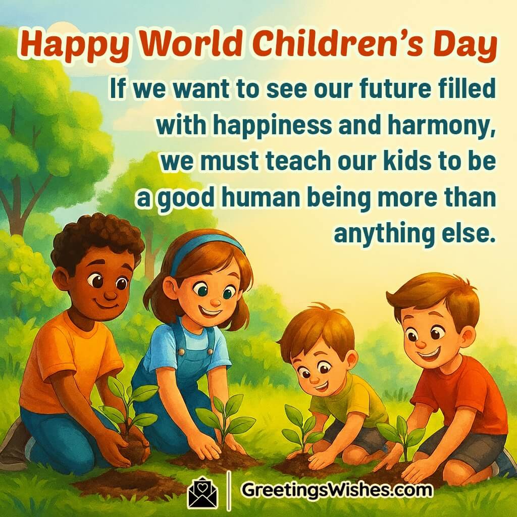 World Children’s Day image featuring children planting small saplings in bright sunlight, symbolizing values, harmony, and a better future.