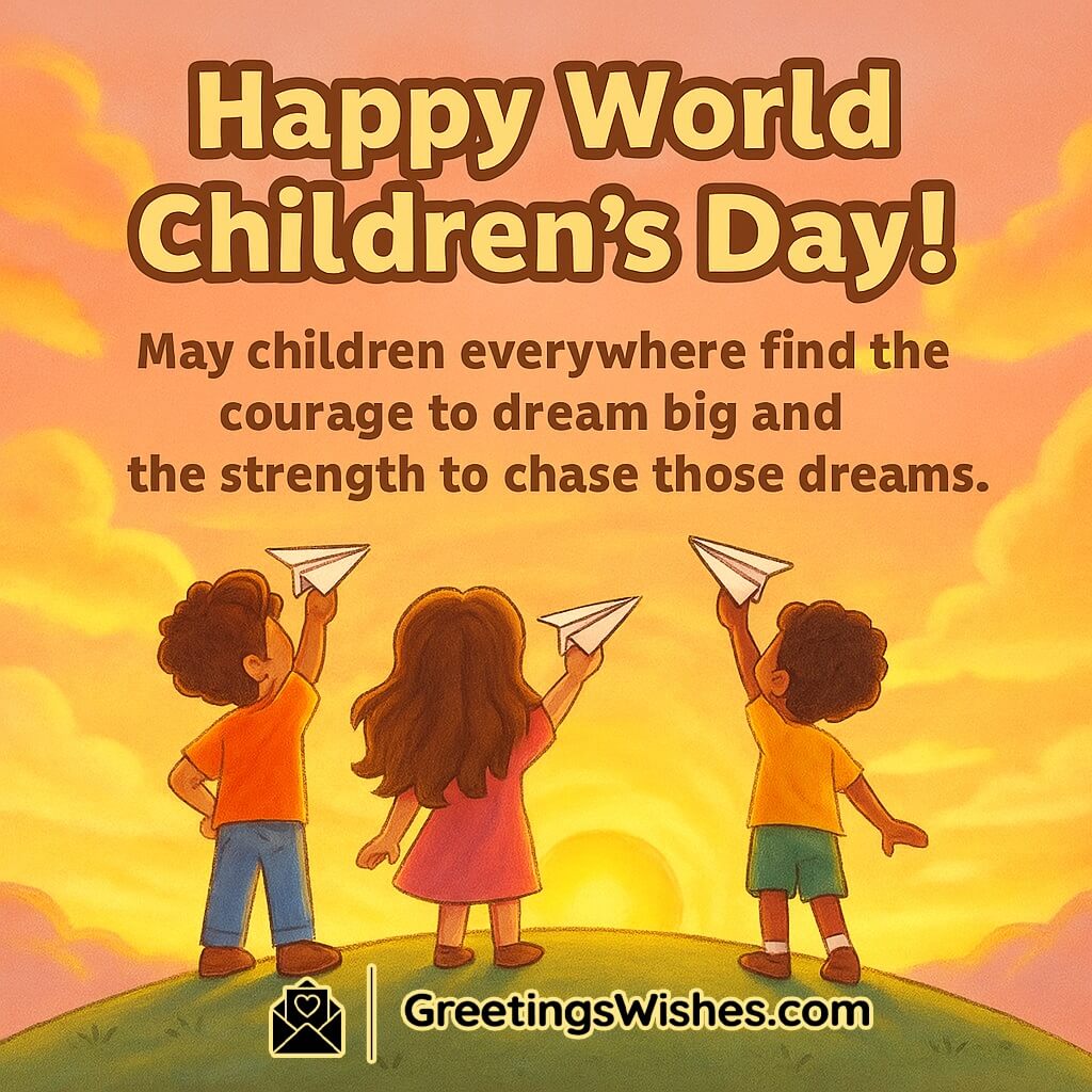 World Children’s Day image featuring children standing on a small hill holding paper planes as the sun rises, symbolizing courage, hope, and big dreams.