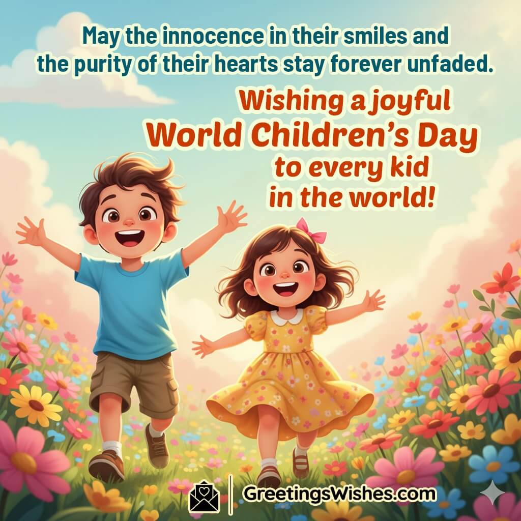 World Children’s Day Message image featuring joyful children running through a flower-filled garden under a bright sky, symbolizing innocence, pure happiness, and heartfelt celebration.