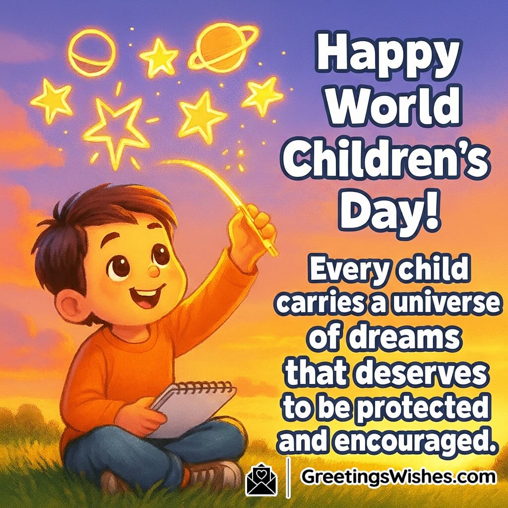 World Children’s Day image featuring a child sitting in a grassy field drawing glowing stars and planets in the air, symbolizing imagination, dreams, and encouragement.
