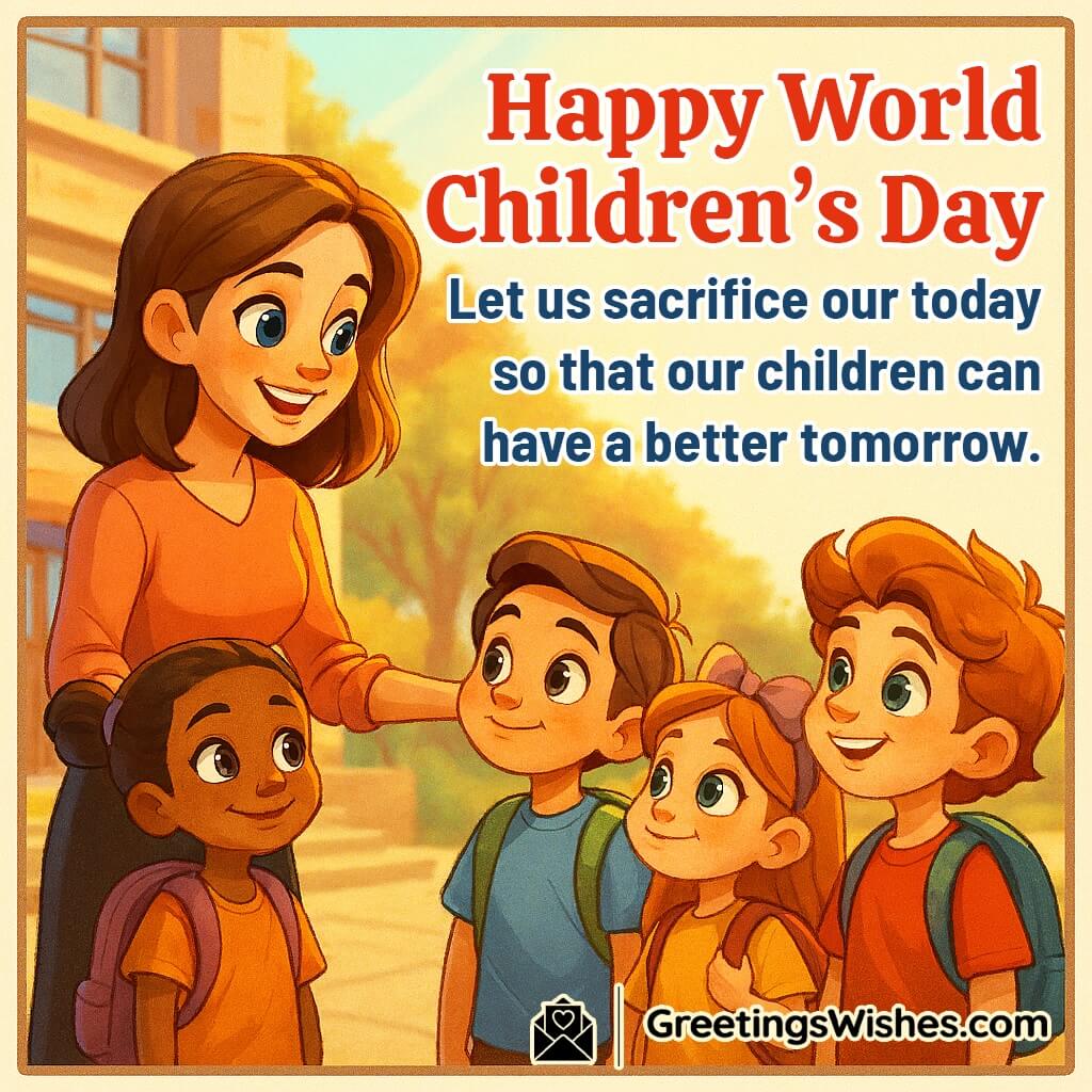 World Children’s Day Quote Image featuring a teacher guiding children in a sunny school courtyard, symbolizing guidance, care, and a brighter tomorrow.