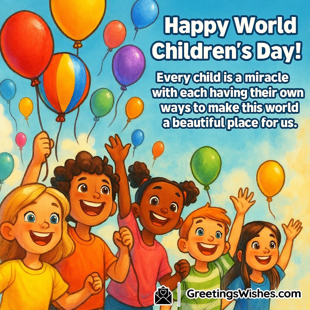 World Children’s Day image featuring children releasing colorful balloons into a bright sky, symbolizing innocence, miracles, and the beauty of childhood.