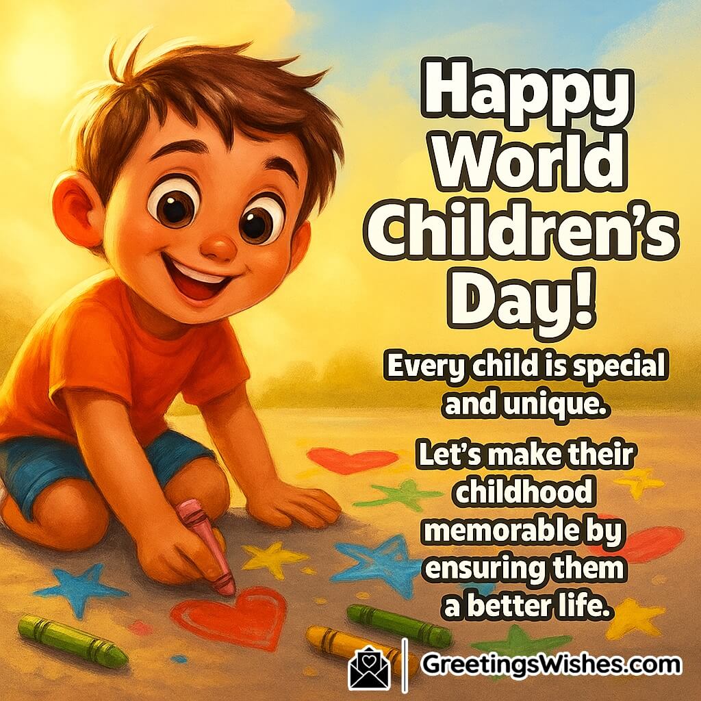 World Children’s Day image featuring a child drawing stars and hearts on the ground in warm sunlight, symbolizing uniqueness, creativity, and memorable childhood.