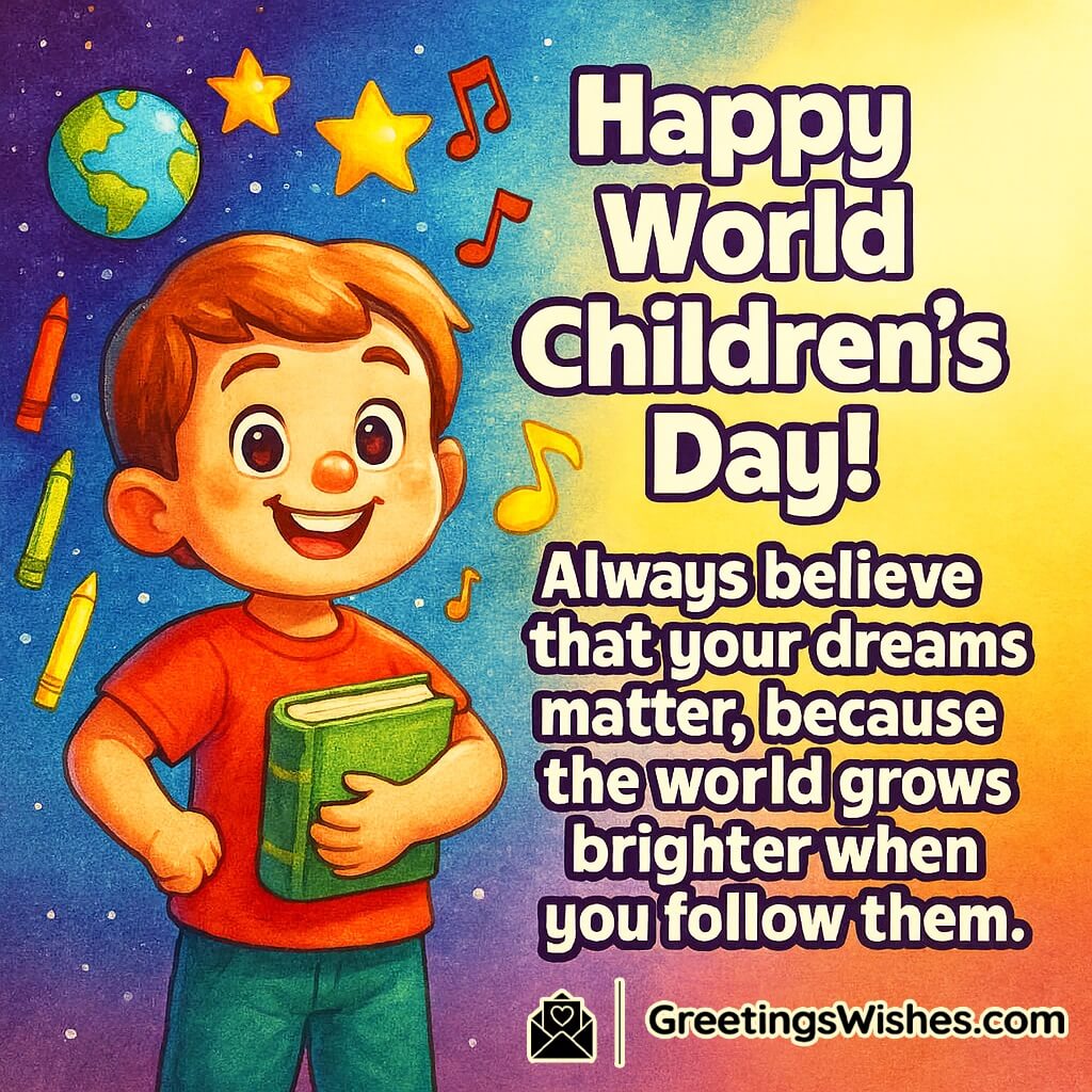 World Children’s Day image featuring a confident child holding a book surrounded by floating dream symbols like stars, a globe, and musical notes, symbolizing hope, inspiration, and belief in dreams.