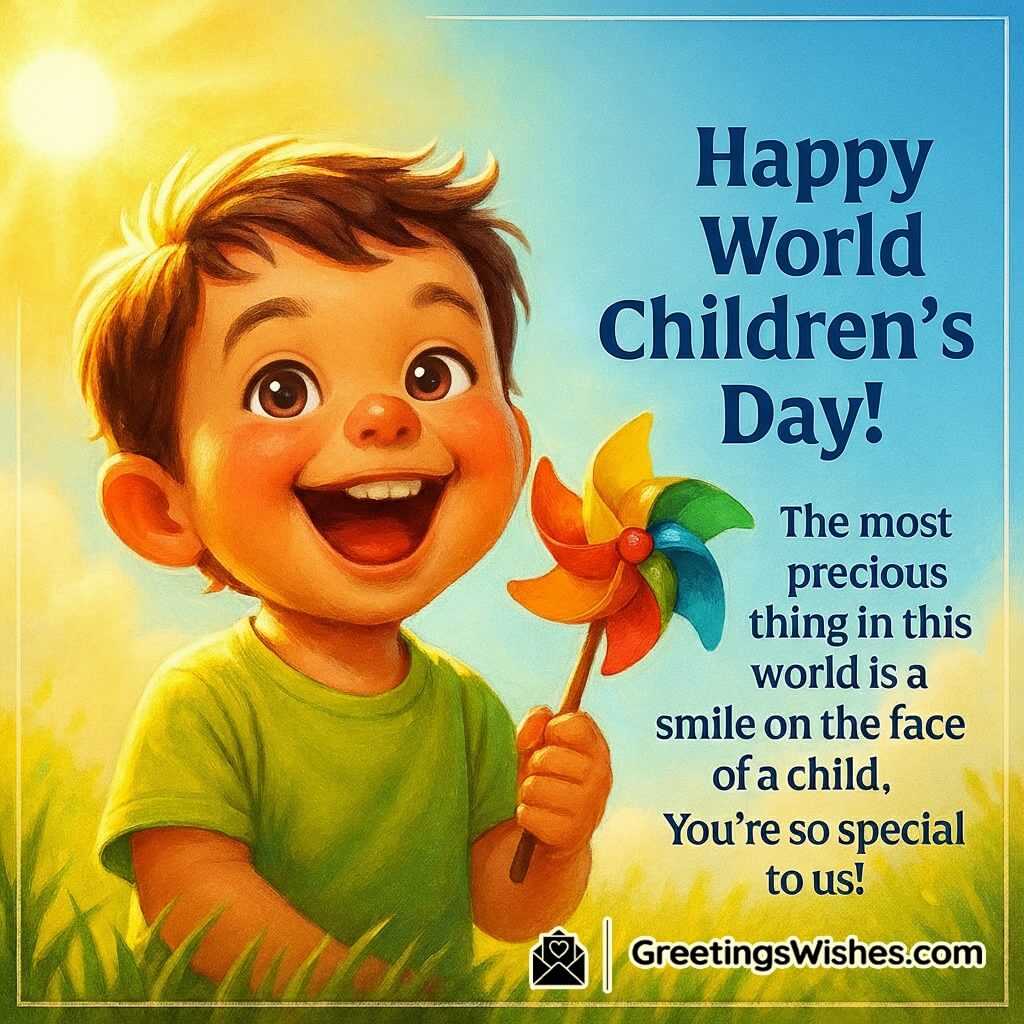 World Children’s Day Status Image featuring a laughing child holding a pinwheel under bright sunlight, symbolizing joy, purity, and the priceless smile of a child.