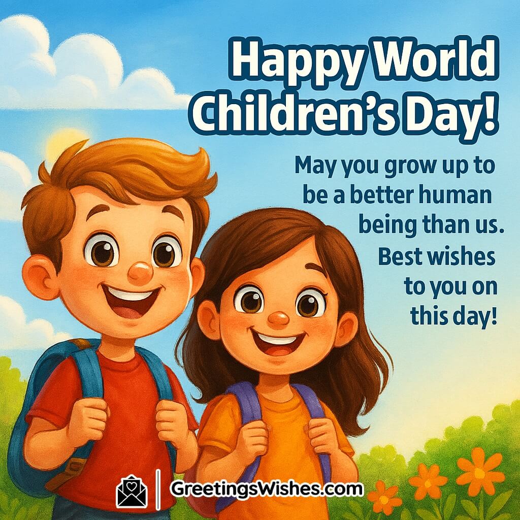World Children’s Day image featuring two children standing with school bags in a sunny garden, symbolizing growth, goodness, and a hopeful future.
