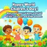 World Children’s Day image featuring joyful children running in a colorful garden with balloons and butterflies under a bright sky, symbolizing joy, curiosity, and growing dreams.