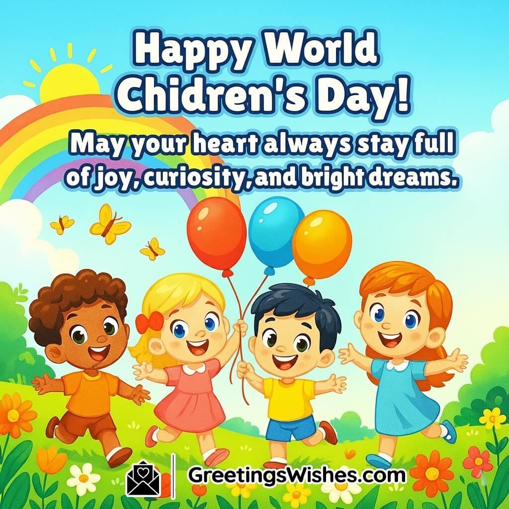 World Children’s Day image featuring joyful children running in a colorful garden with balloons and butterflies under a bright sky, symbolizing joy, curiosity, and growing dreams.