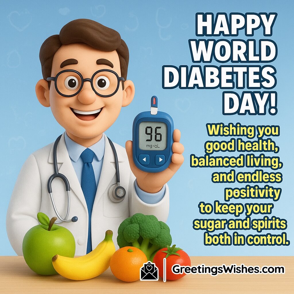 World Diabetes Day image featuring a smiling doctor with a glucometer, fruits, and vegetables on a bright table, symbolizing healthy balance, positivity, and good living.
