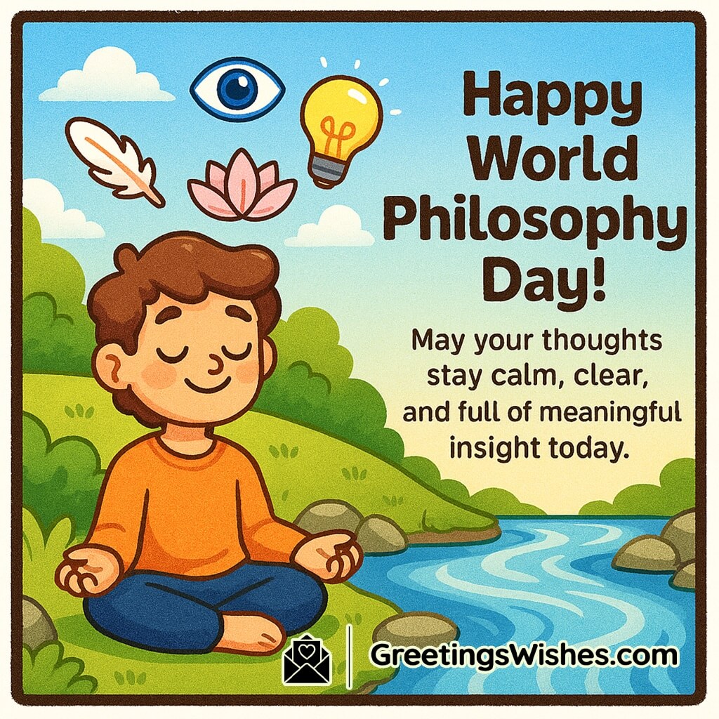 World Philosophy Day image featuring a person meditating beside a flowing river with soft symbolic elements, symbolizing calm thoughts, insight, and peaceful reflection.