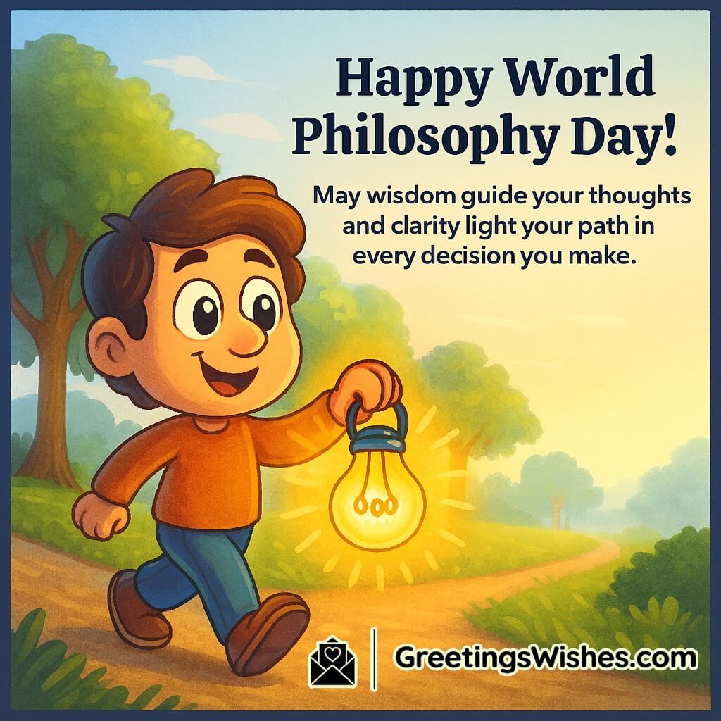 World Philosophy Day image featuring a person holding a glowing lantern shaped like a lightbulb on a peaceful path, symbolizing wisdom, clarity, and guided decisions.